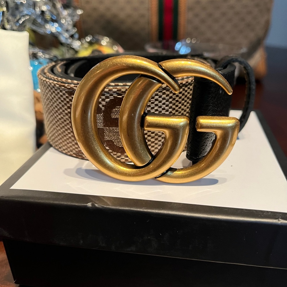 🔥100% Authentic Gucci Jumbo GG tan/blk Leather & Canvas Belt. Size 36🔥